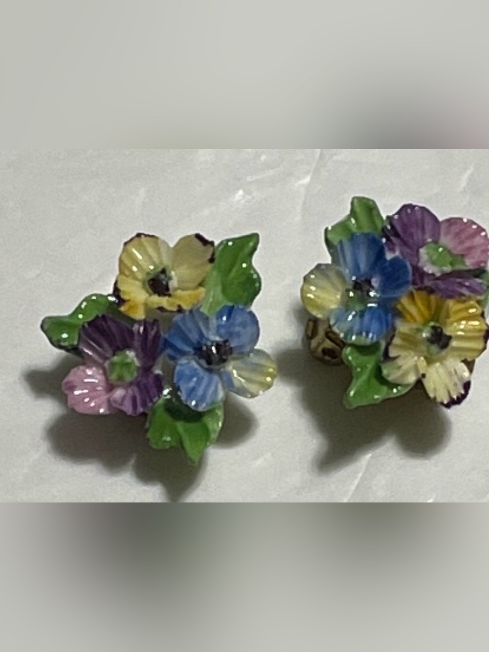 Vintage Porcelain Floral Clip On Earrings Made in England
